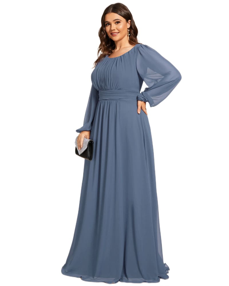 Front of a model wearing a size 12 Chiffon High Empire Waist Puff Sleeve Mother Dress in Dusty Navy by Ever-Pretty. | dia_product_style_image_id:327919